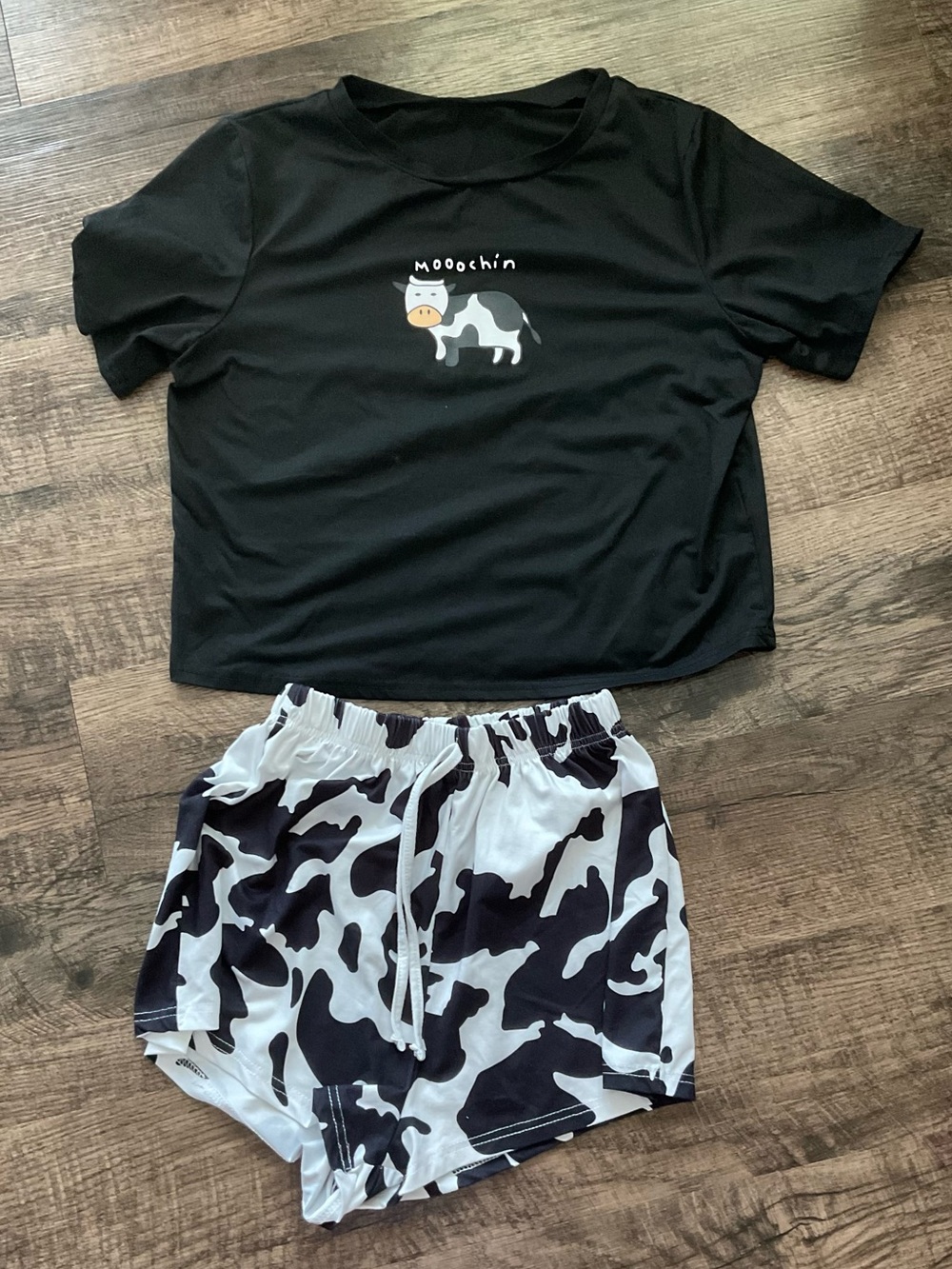 Black Cow Graphic Tee and Black-White Cowprint Shorts Set